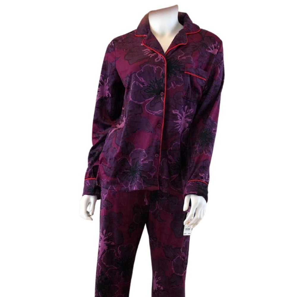 DKNY Velour Cuffed Pajama Set, Plum Floral NWT